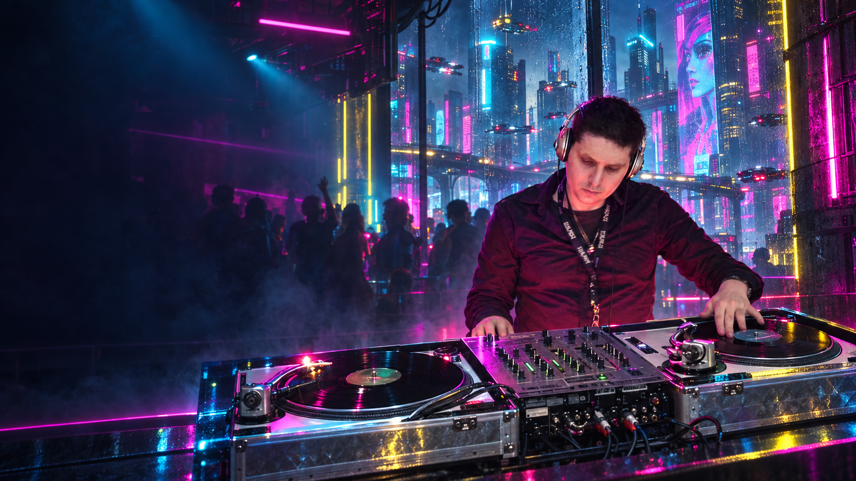 DJ MxNoNo aux platines dans une mégalopole cyberpunk illuminée de néons